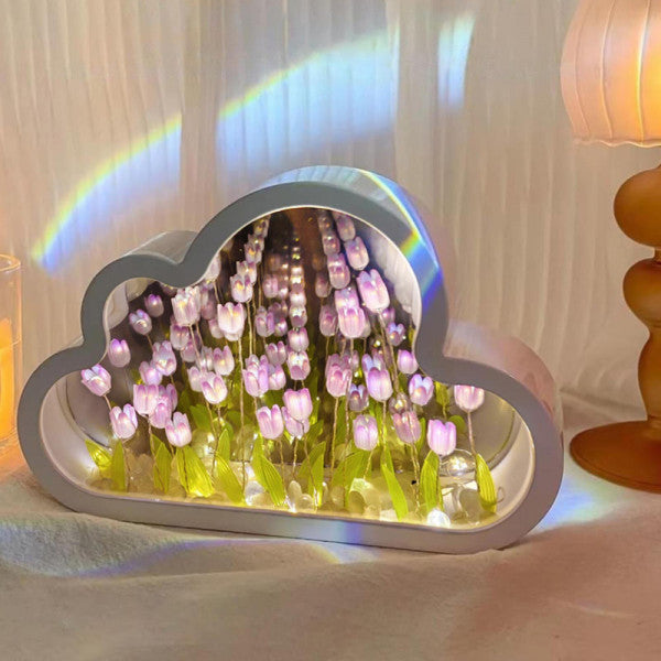 LED нощна лампа „Облак с безкрайни лалета“ с огледален ефект, многоцветна